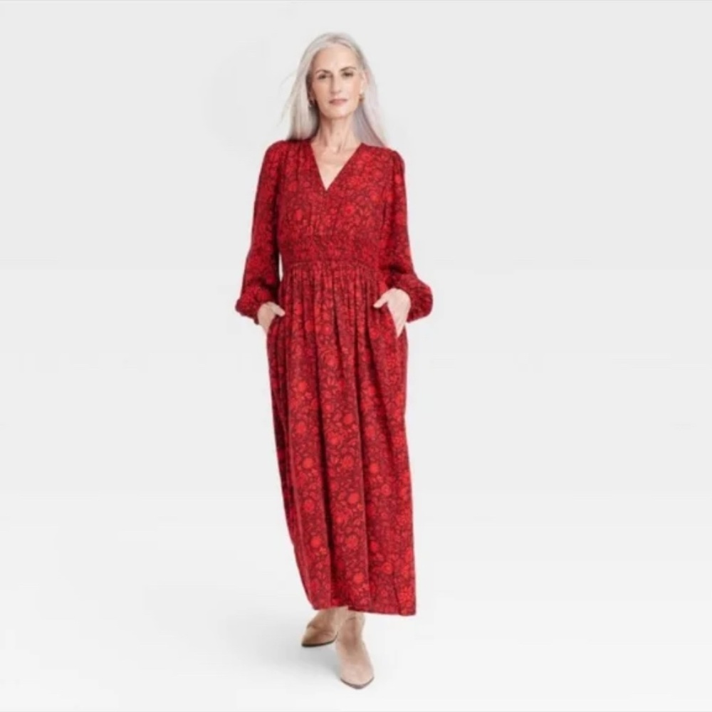 Knox Rose Long Sleeve Red and Brown V Neck Maxi Dress